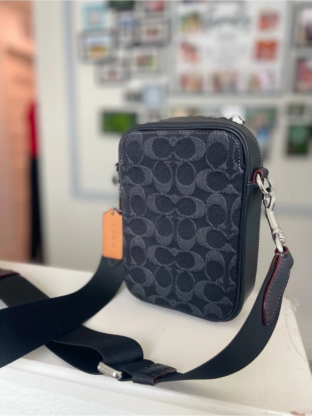 Black Patterned Men's Crossbody Bag with Contrast Trim